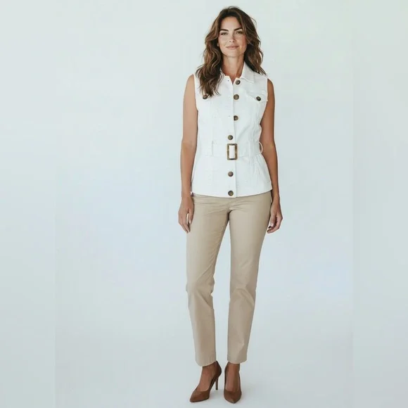 WHBM White Denim Belted Vest Stretch Tortoiseshell Buttons Size 0 - Picture 1 of 11